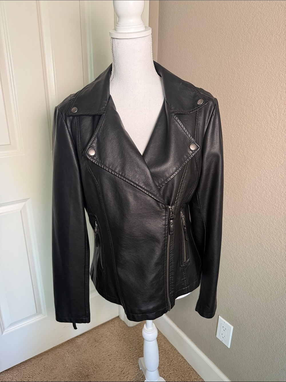 Max Studio Black Leather Asymmetric Moto Jacket